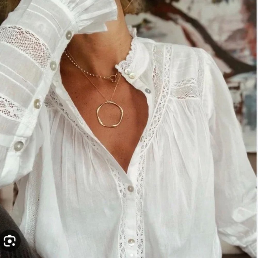ba&sh White Lace-Trim Cotton Blouse